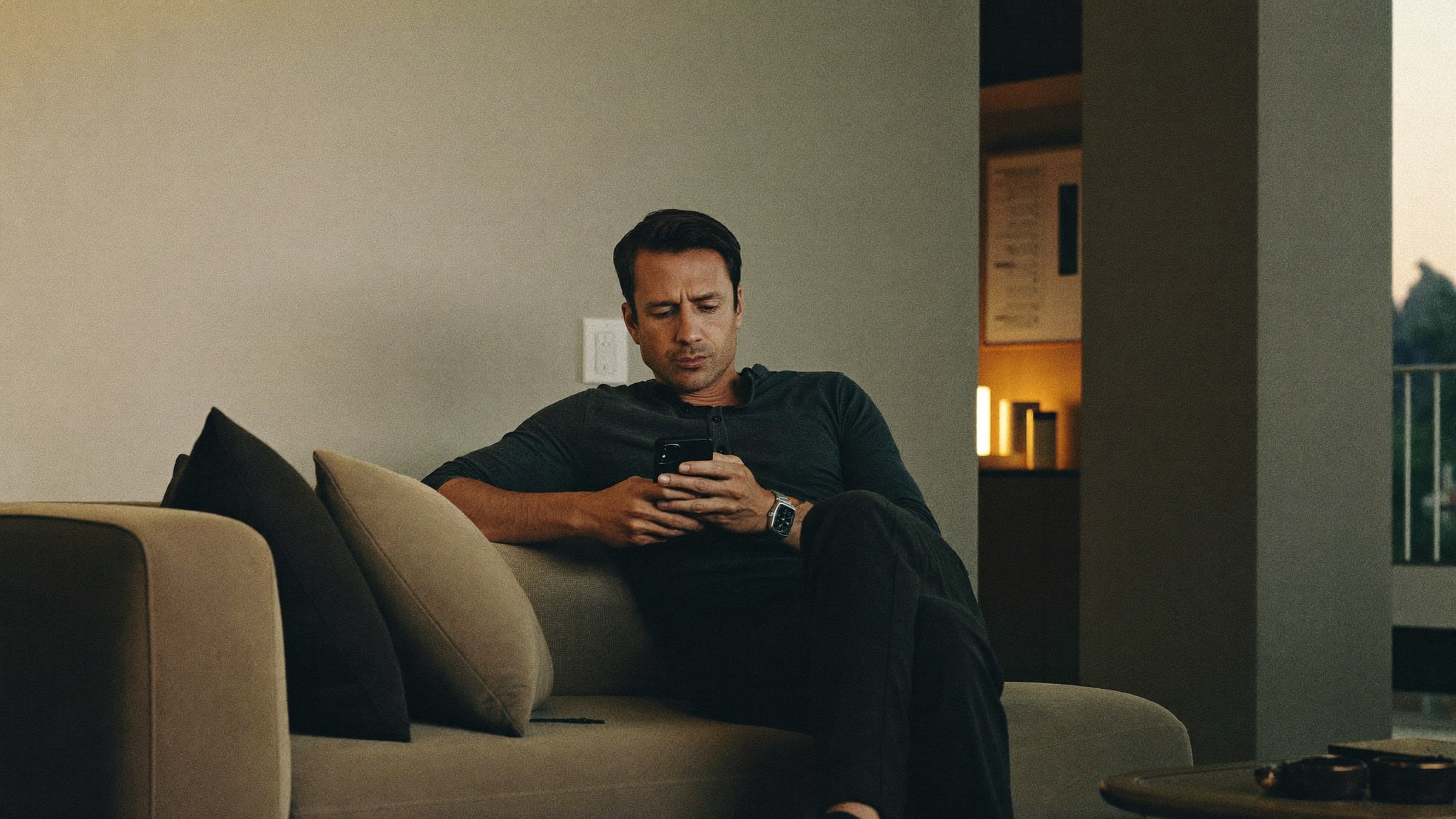 A calm, thoughtful man taking the private self-check on his phone at home