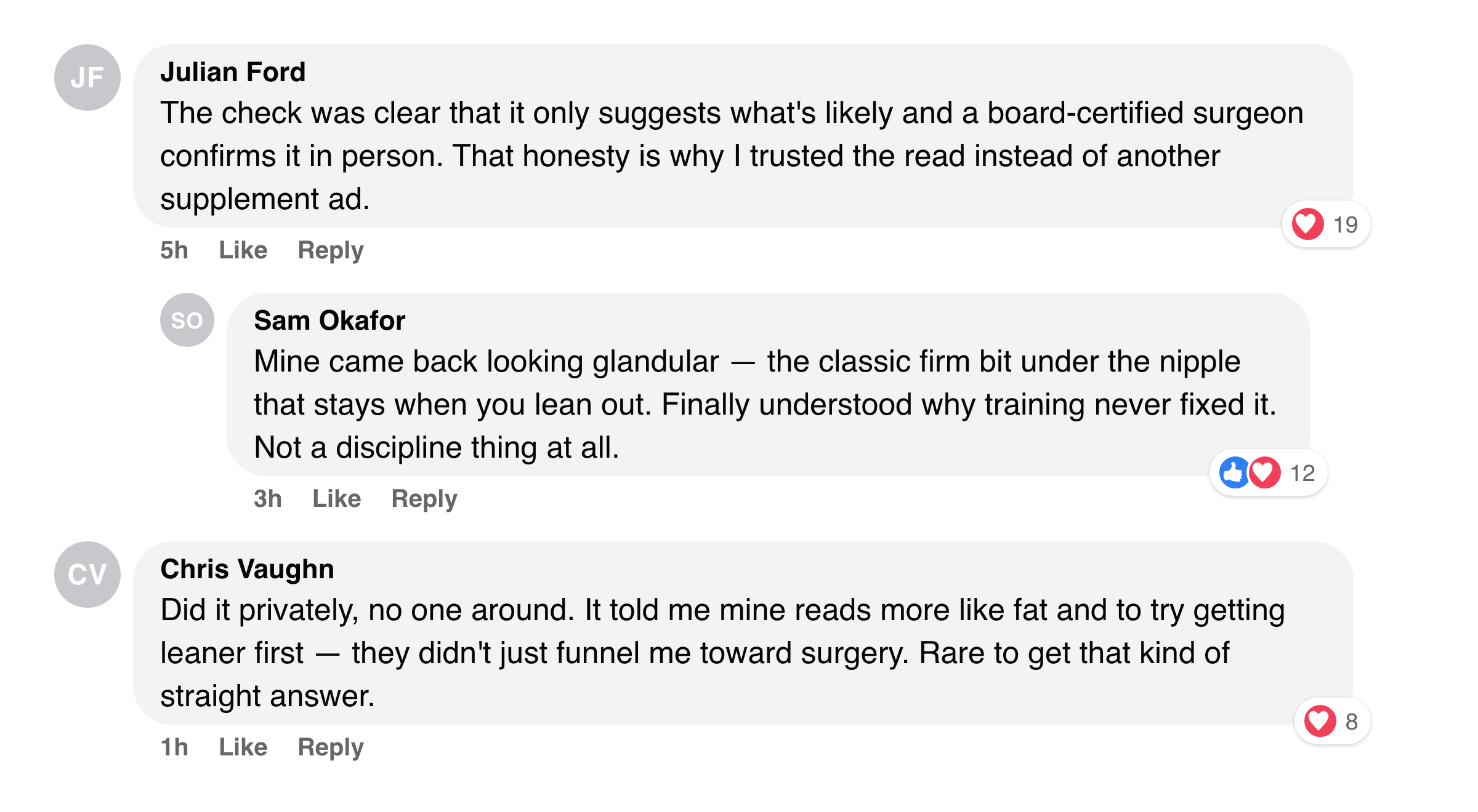 Facebook comments from men praising the self-check for being clear it only suggests likelihood and a surgeon confirms it