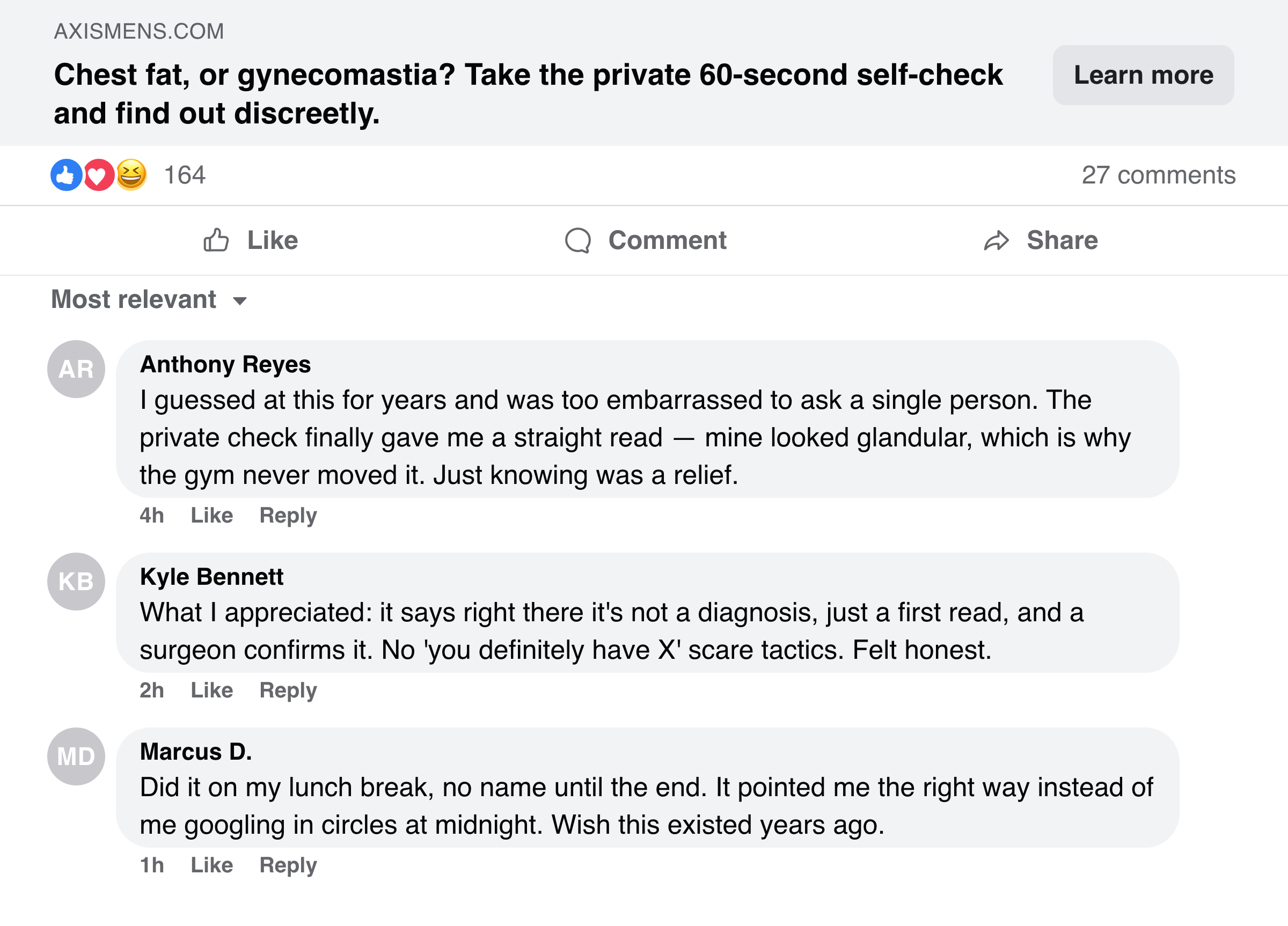 Facebook post and comments from men who used the private fat-vs-gyno self-check to get a straight answer discreetly