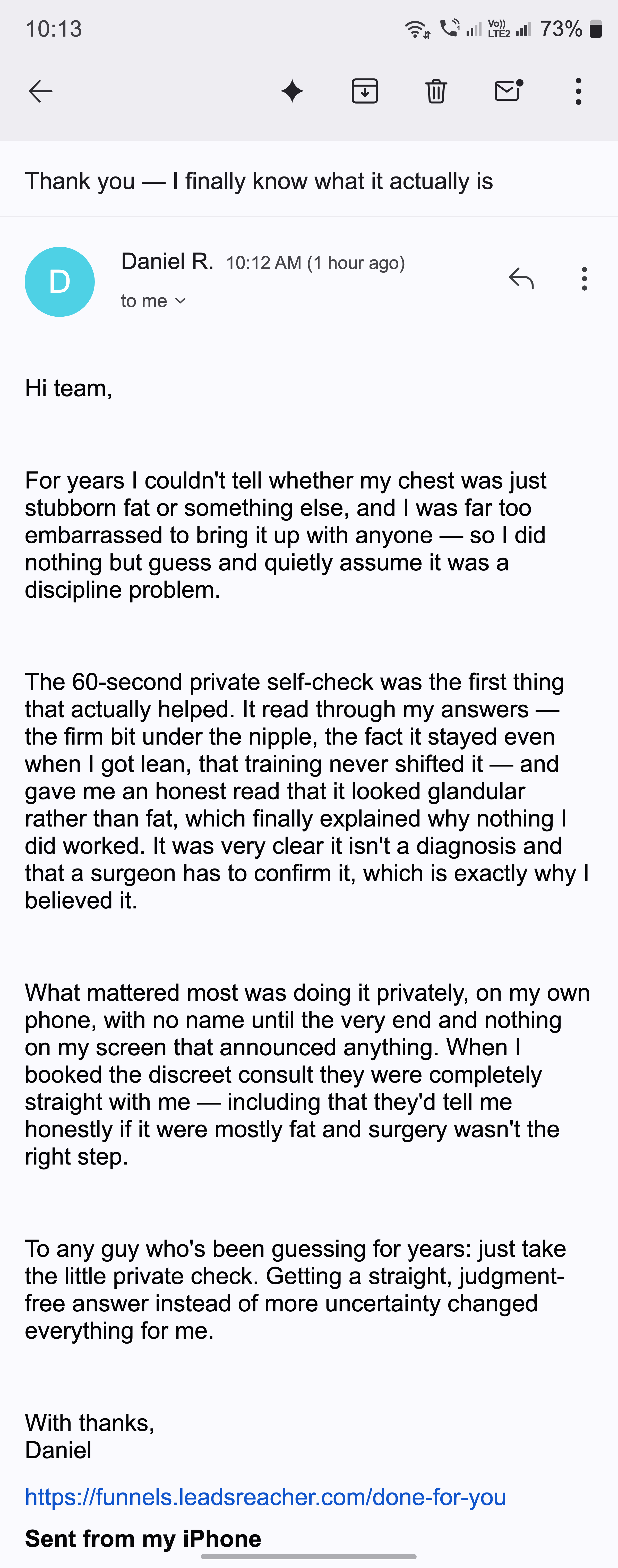 A thank-you email from a man who finally knew what his chest actually was after the private self-check