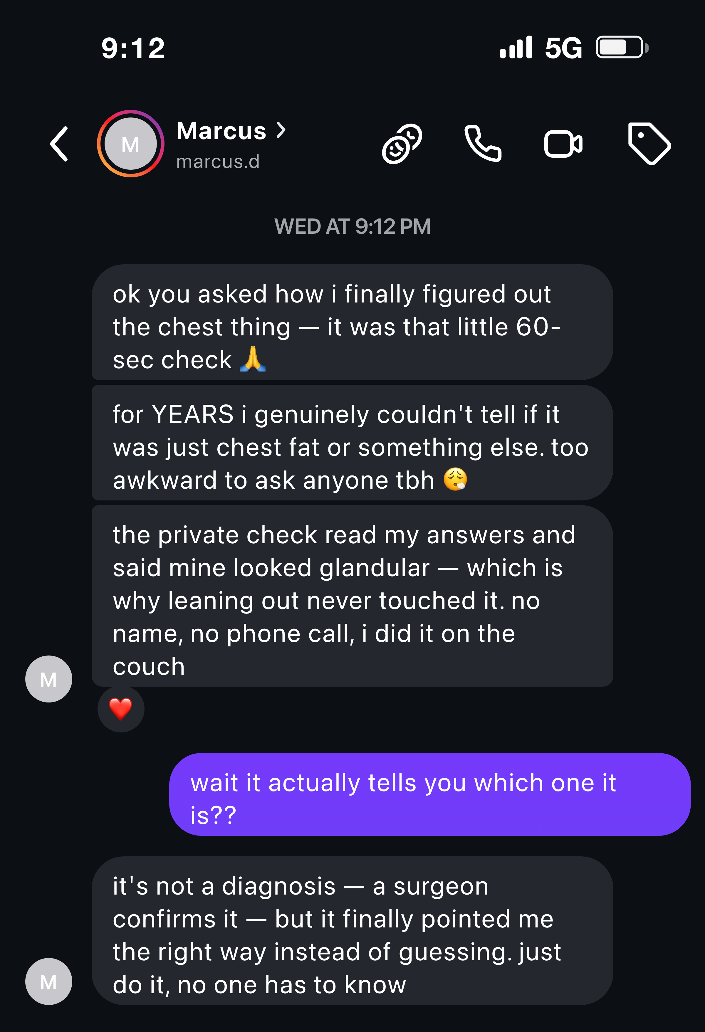 Instagram message from a man who used the private self-check to finally learn whether his chest was fat or glandular