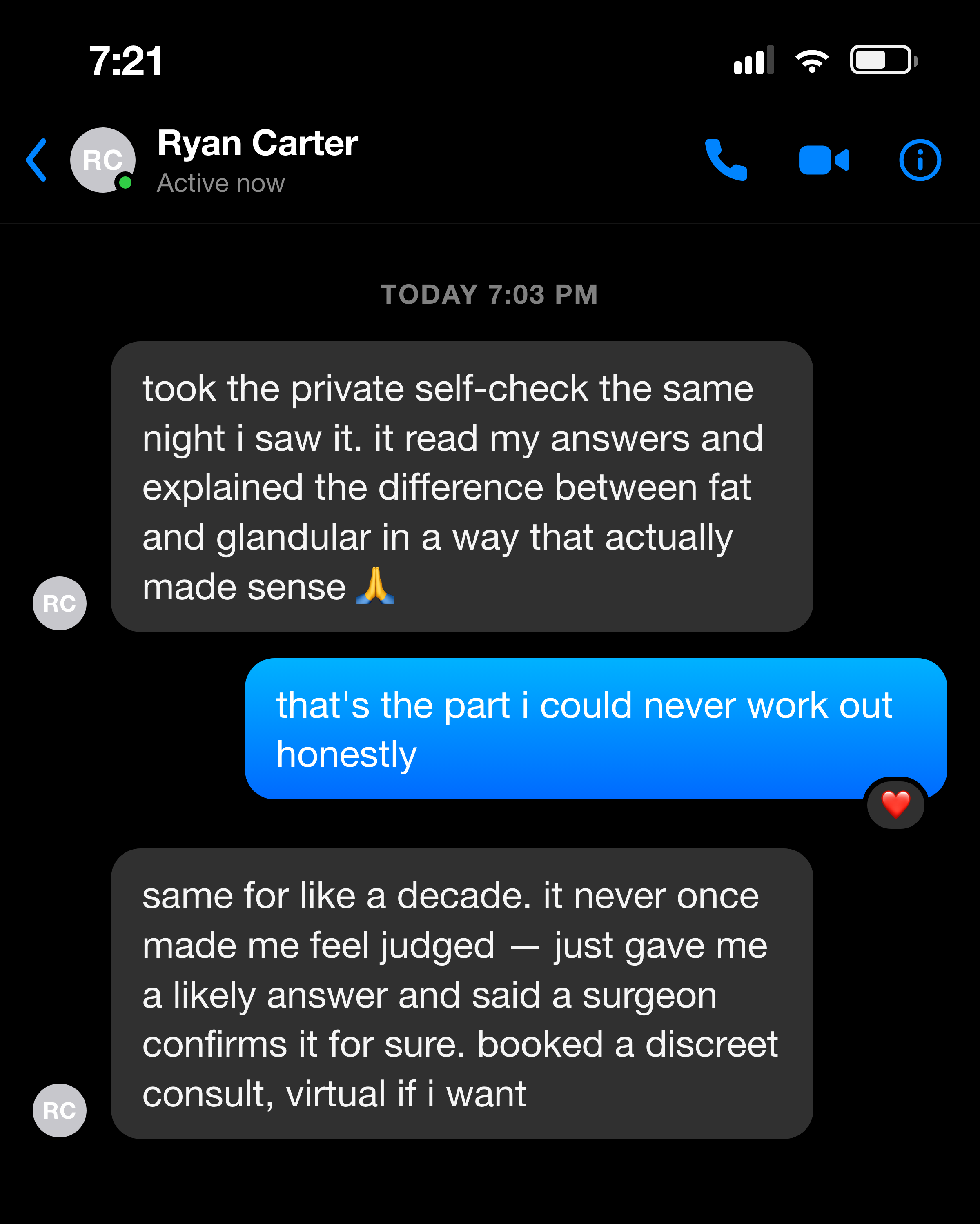 Messenger note from a man who felt the self-check explained the fat-vs-glandular difference without judgment