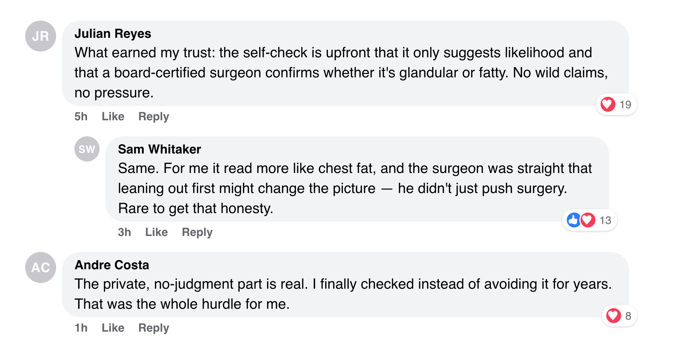 Facebook comments about the self-check being honest that it only suggests likelihood and a surgeon confirms it
