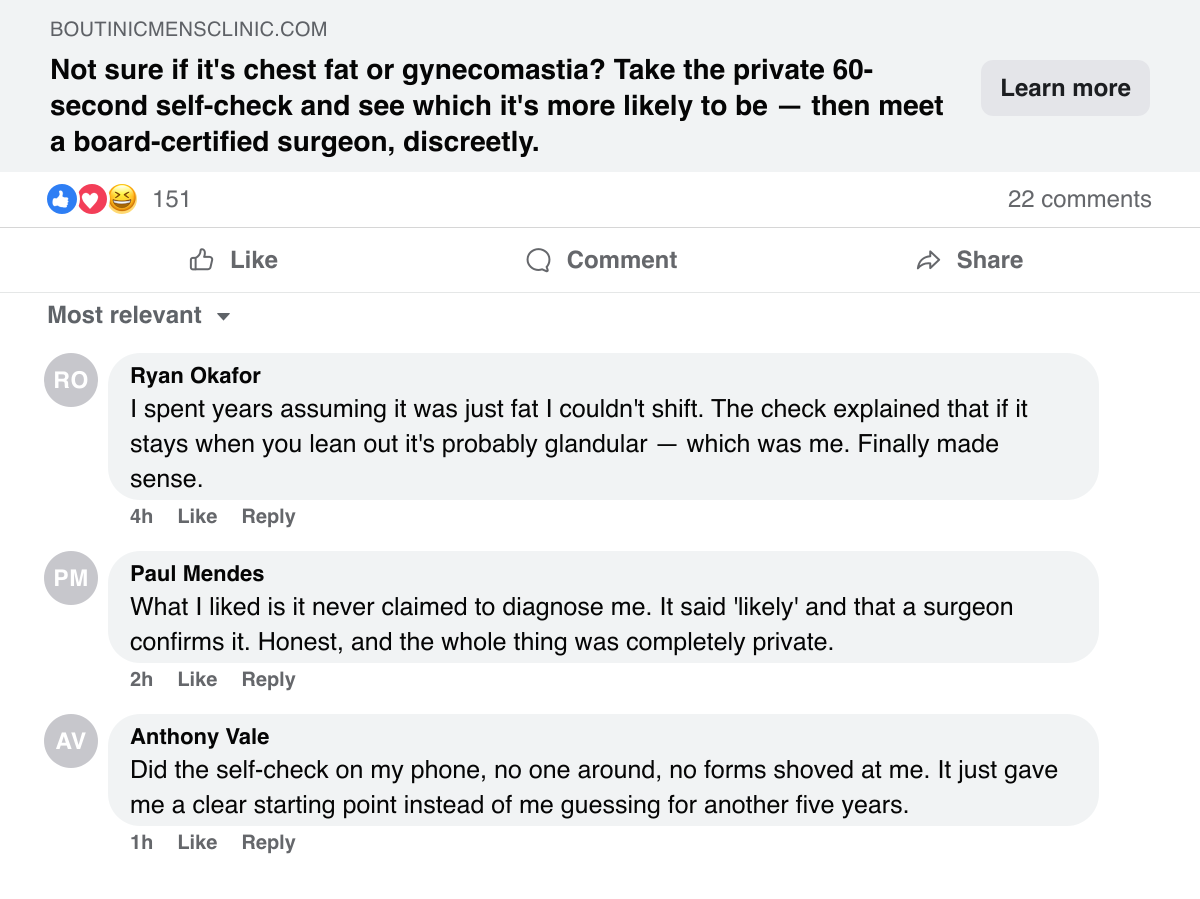 Facebook post about the private fat-or-gyno self-check, with men sharing that it finally gave them a starting point