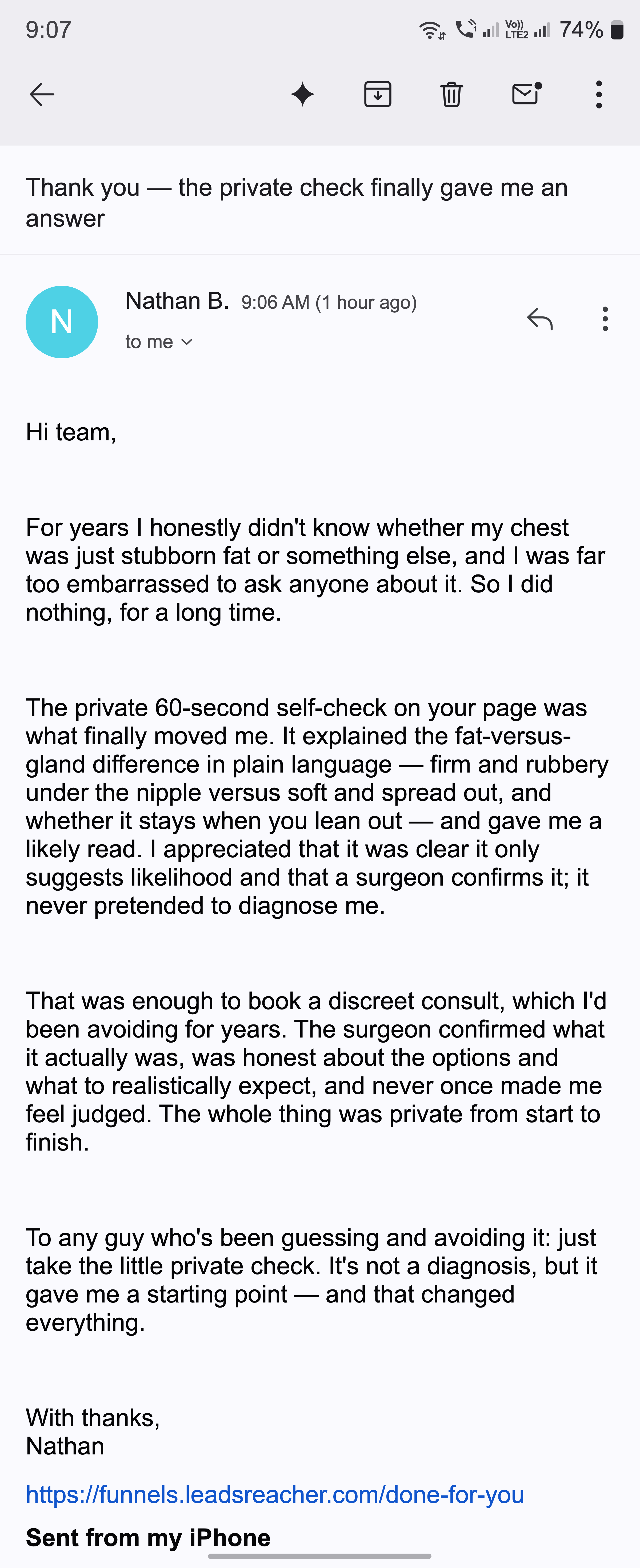 A thank-you email from a man whose private self-check finally gave him an answer after years of guessing