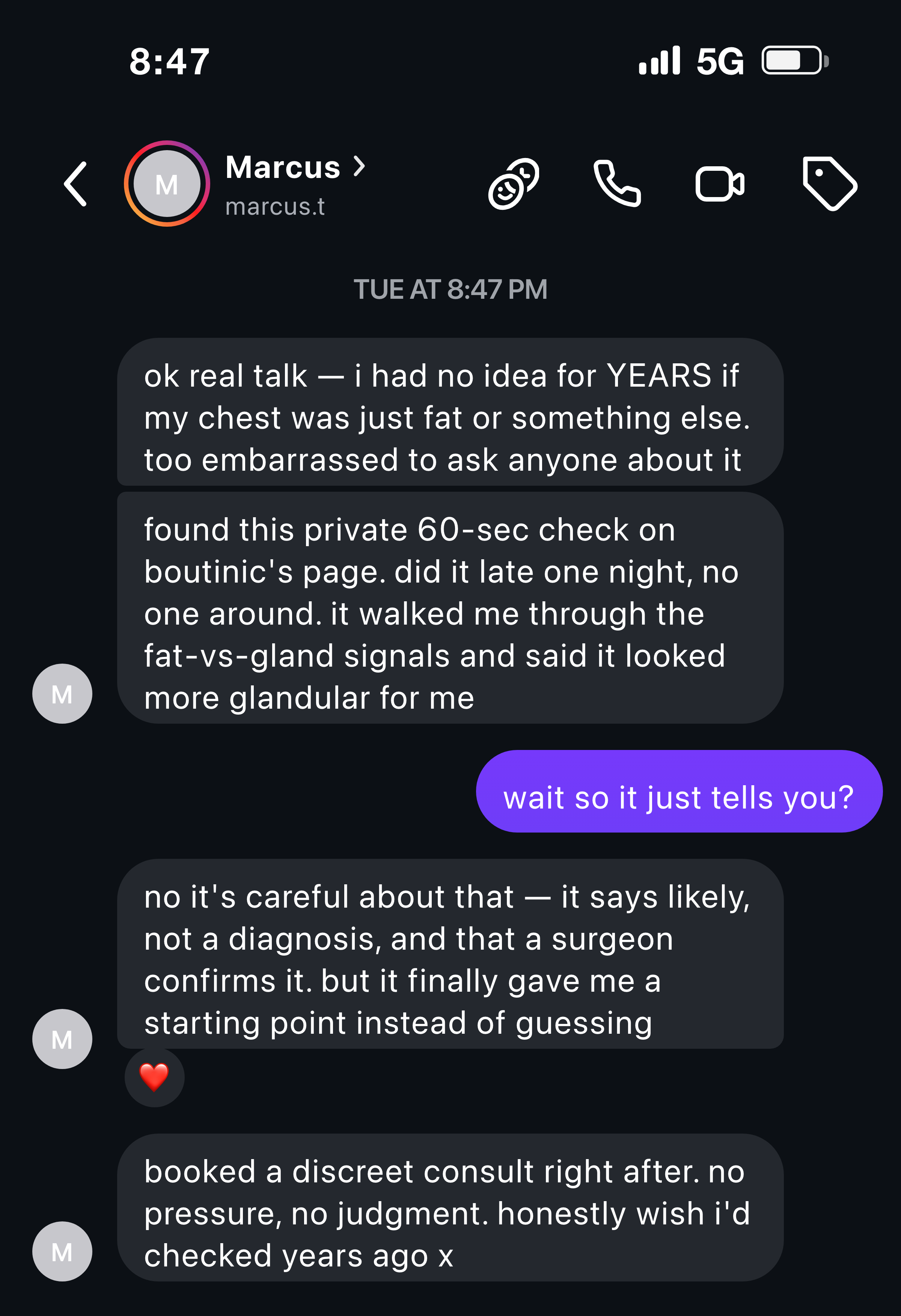 Instagram message from a man who used the private self-check to see whether it was fat or glandular