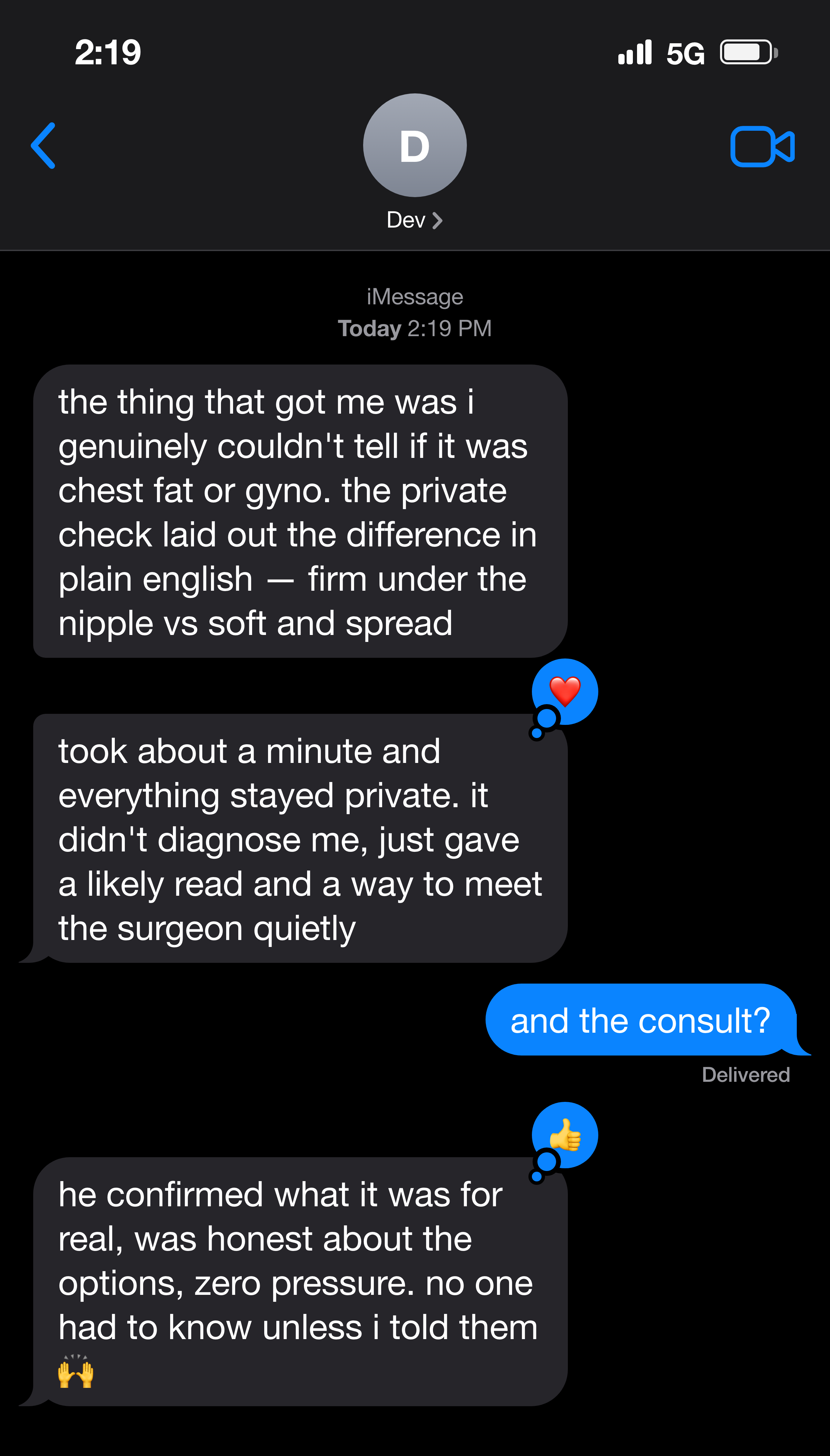 Text messages about the private self-check explaining the fat-vs-gland difference, then a discreet consult