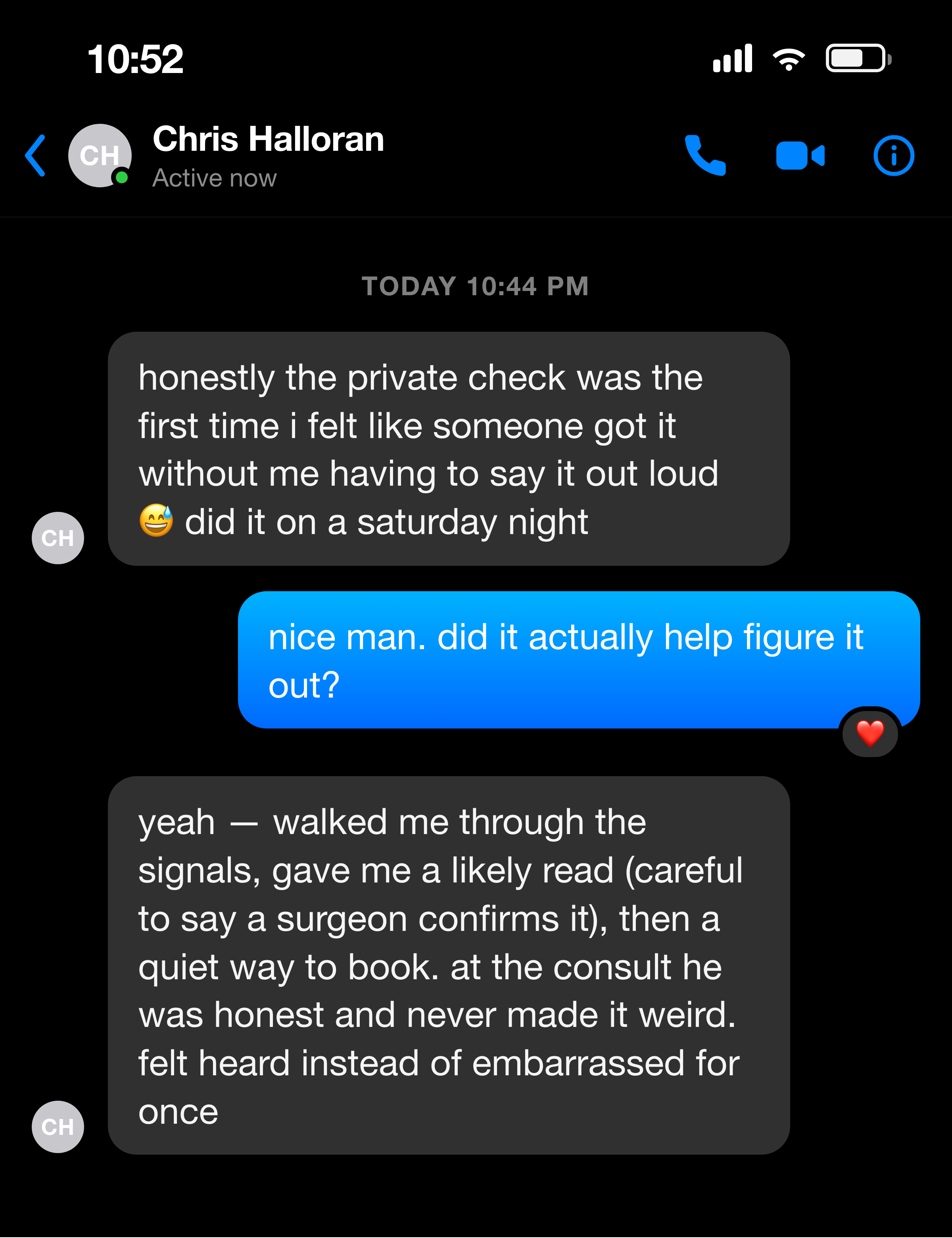 Messenger note from a man who felt heard after the private self-check