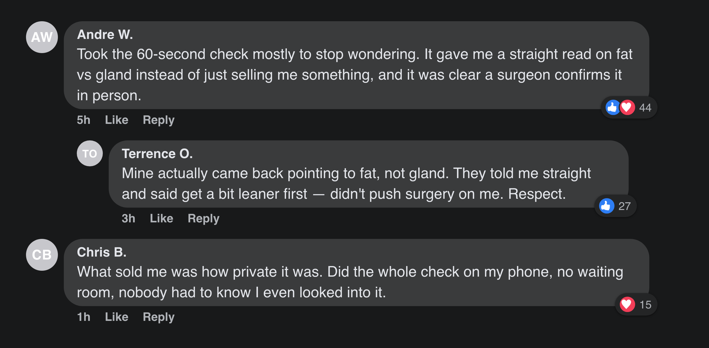Facebook comments from men about the private self-check, an honest fat-vs-gland read, and being told straight when it was chest fat