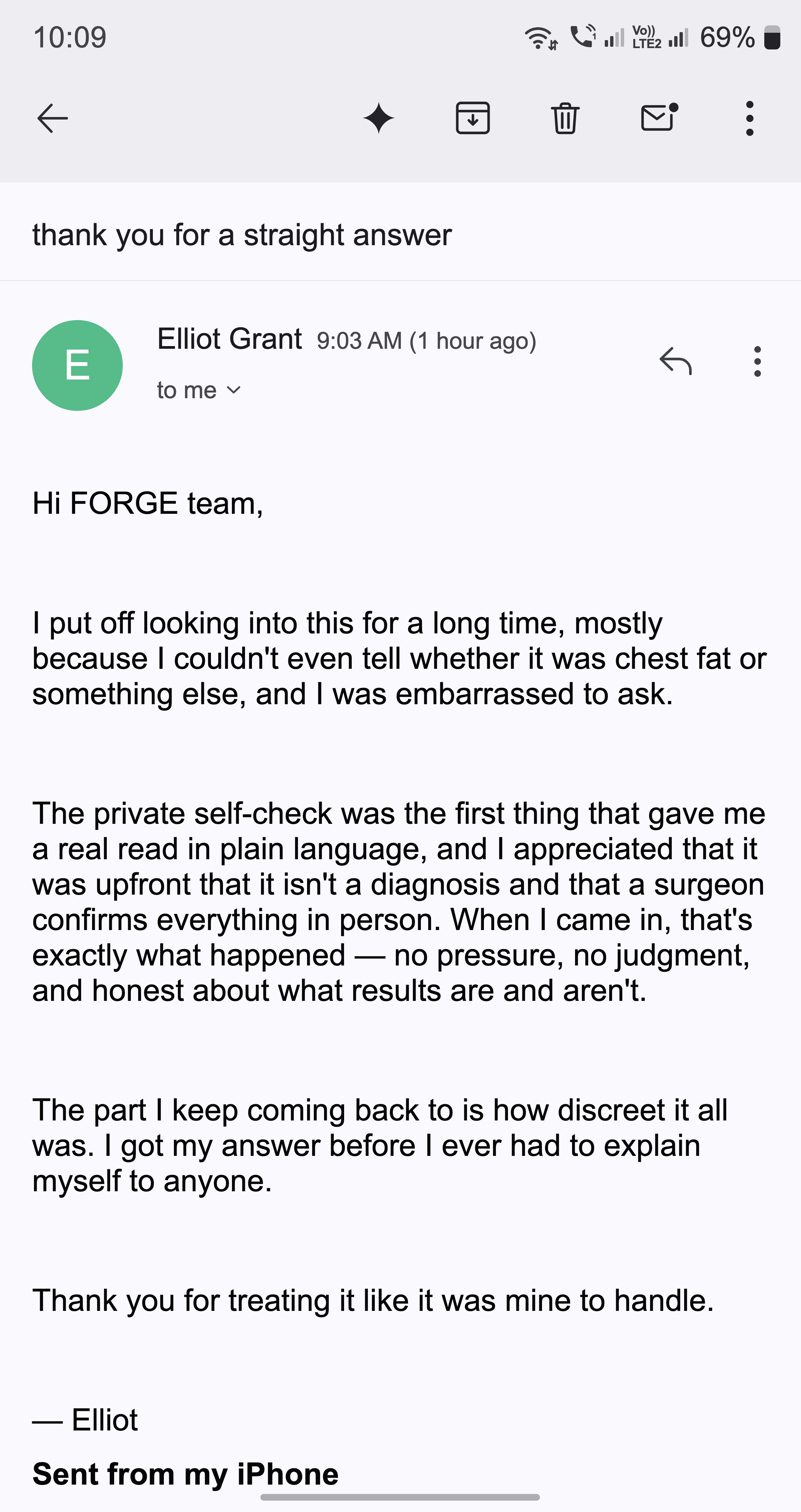 A thank-you email from a man for a self-check that gave a straight answer and was clear a surgeon confirms it in person