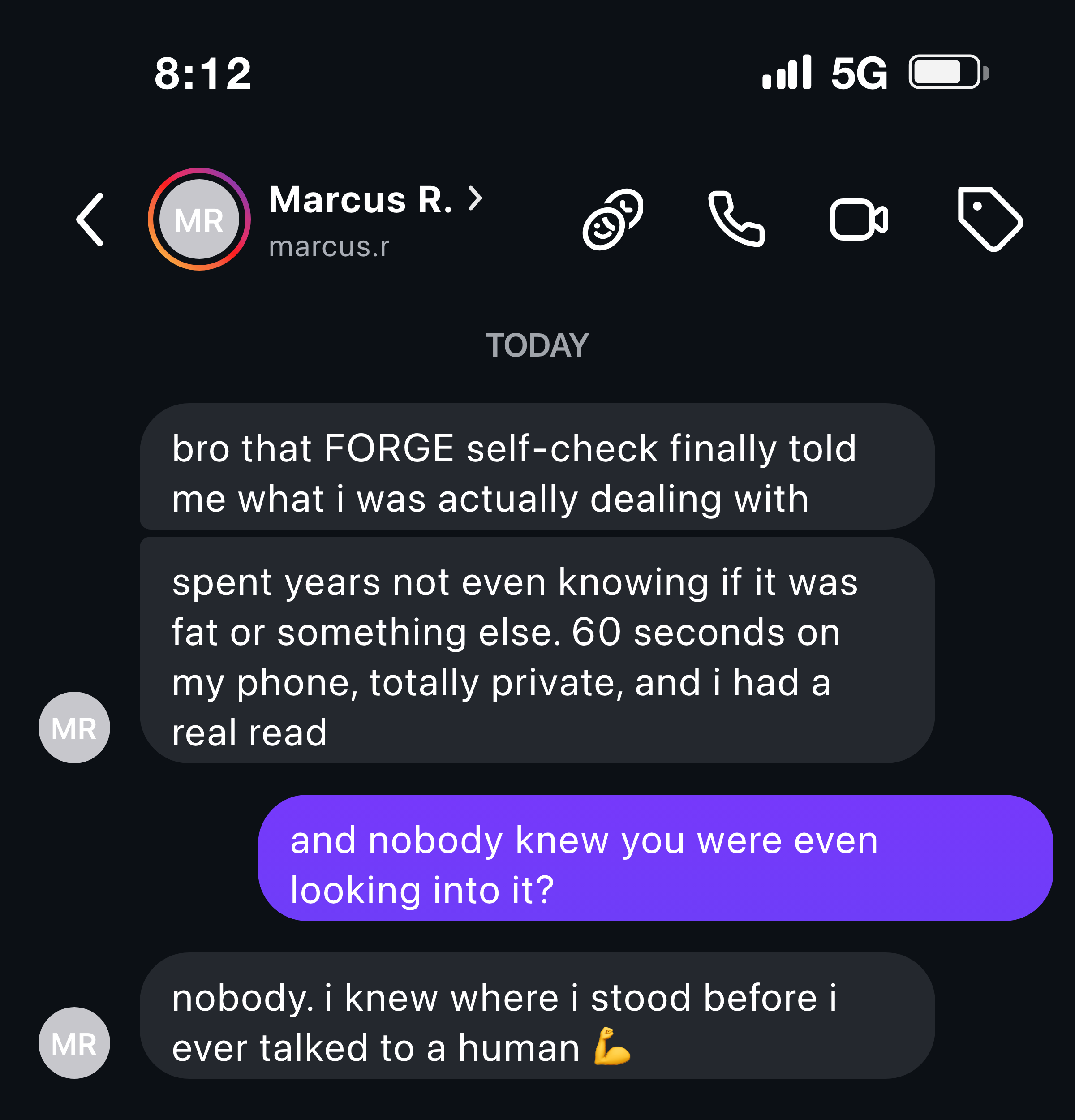 Instagram message from a man about a private 60-second self-check that finally told him whether it was fat or gland