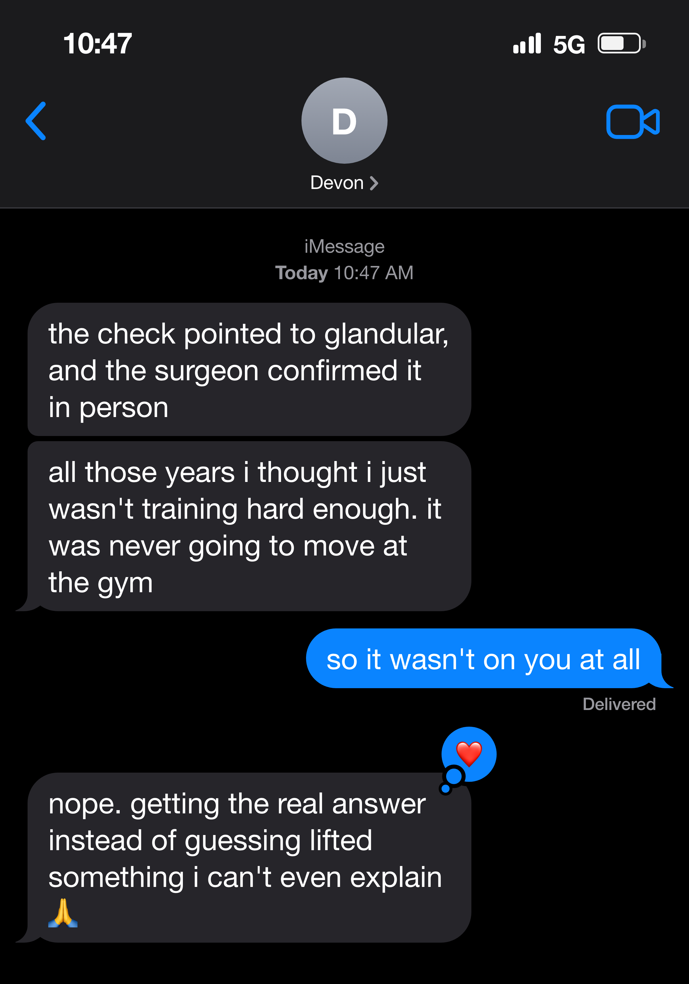 Text message from a man about the relief of the self-check pointing to glandular and a specialist confirming it