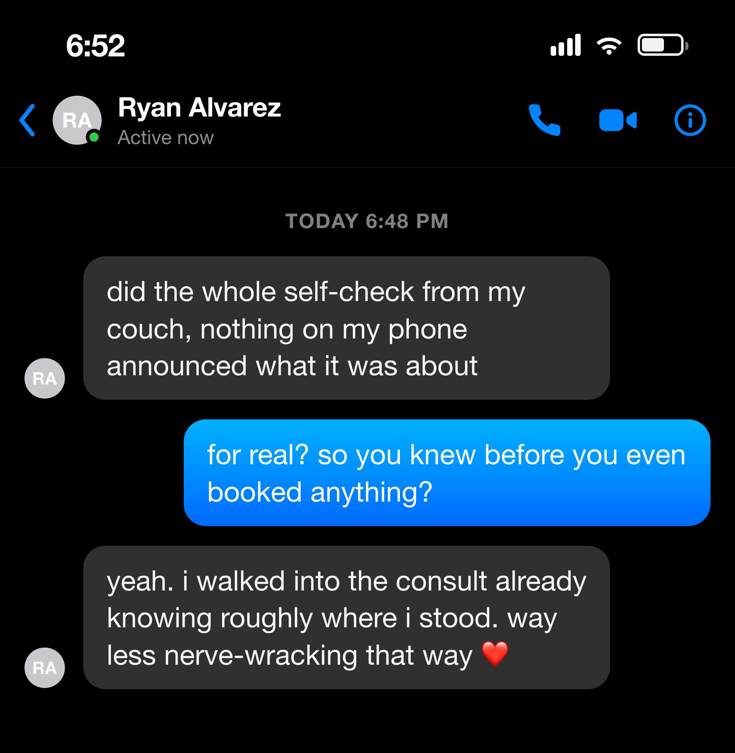 Messenger note from a man about doing the whole self-check privately from home, with nothing announcing what it was about