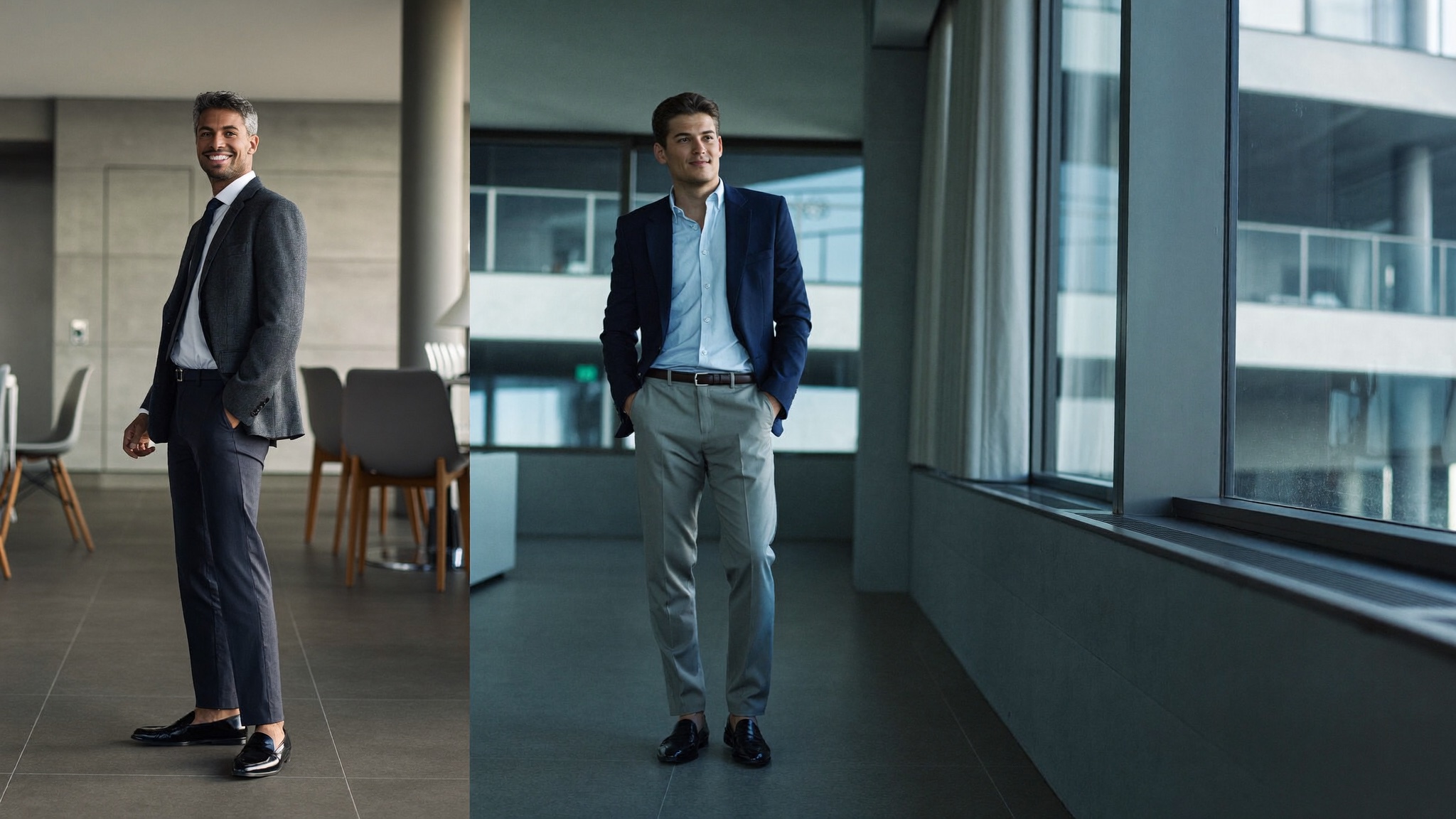 A composed, confident man at ease by a window in a modern interior, fully dressed