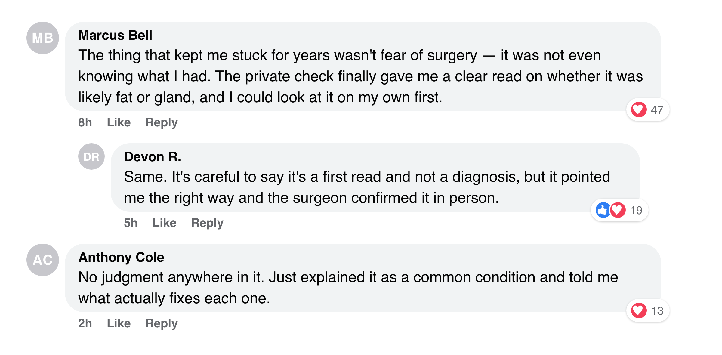 Facebook comments about finally feeling heard and not judged