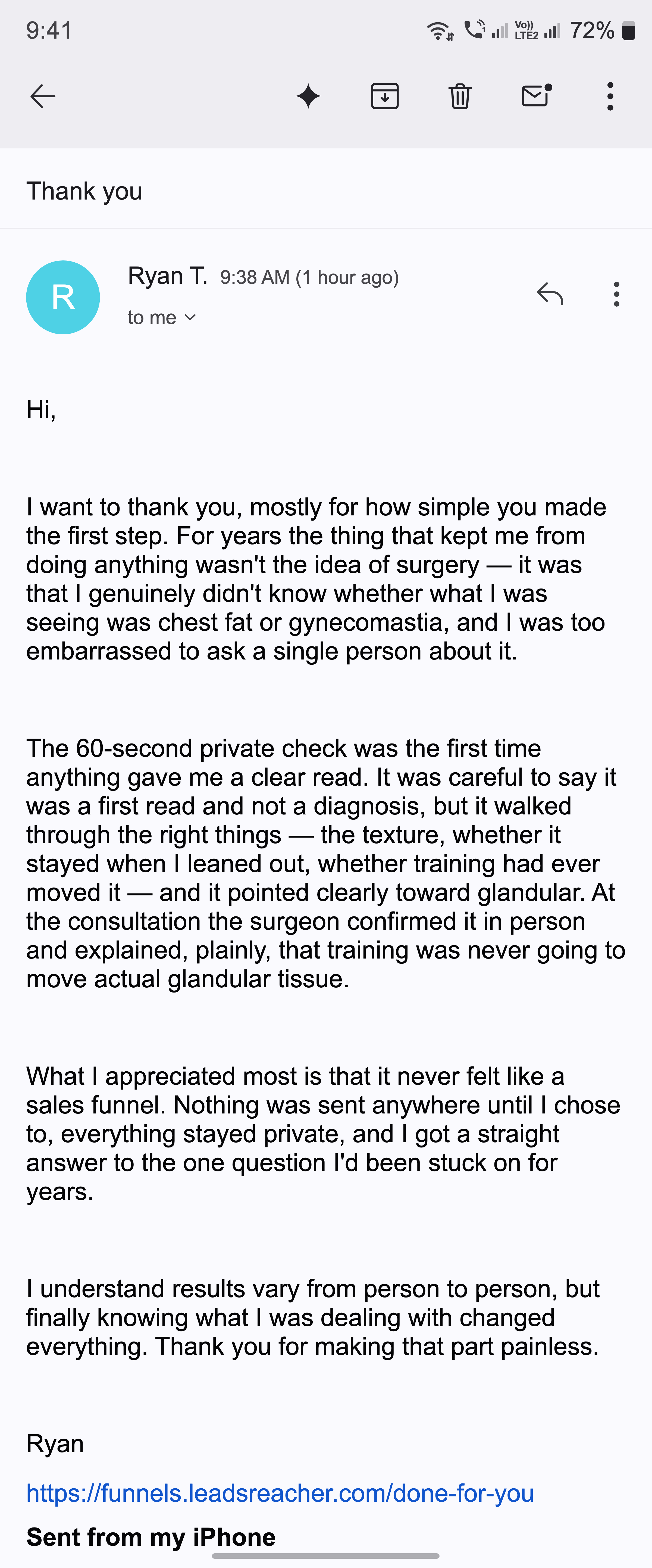 A thank-you email about an honest, no-pressure consultation