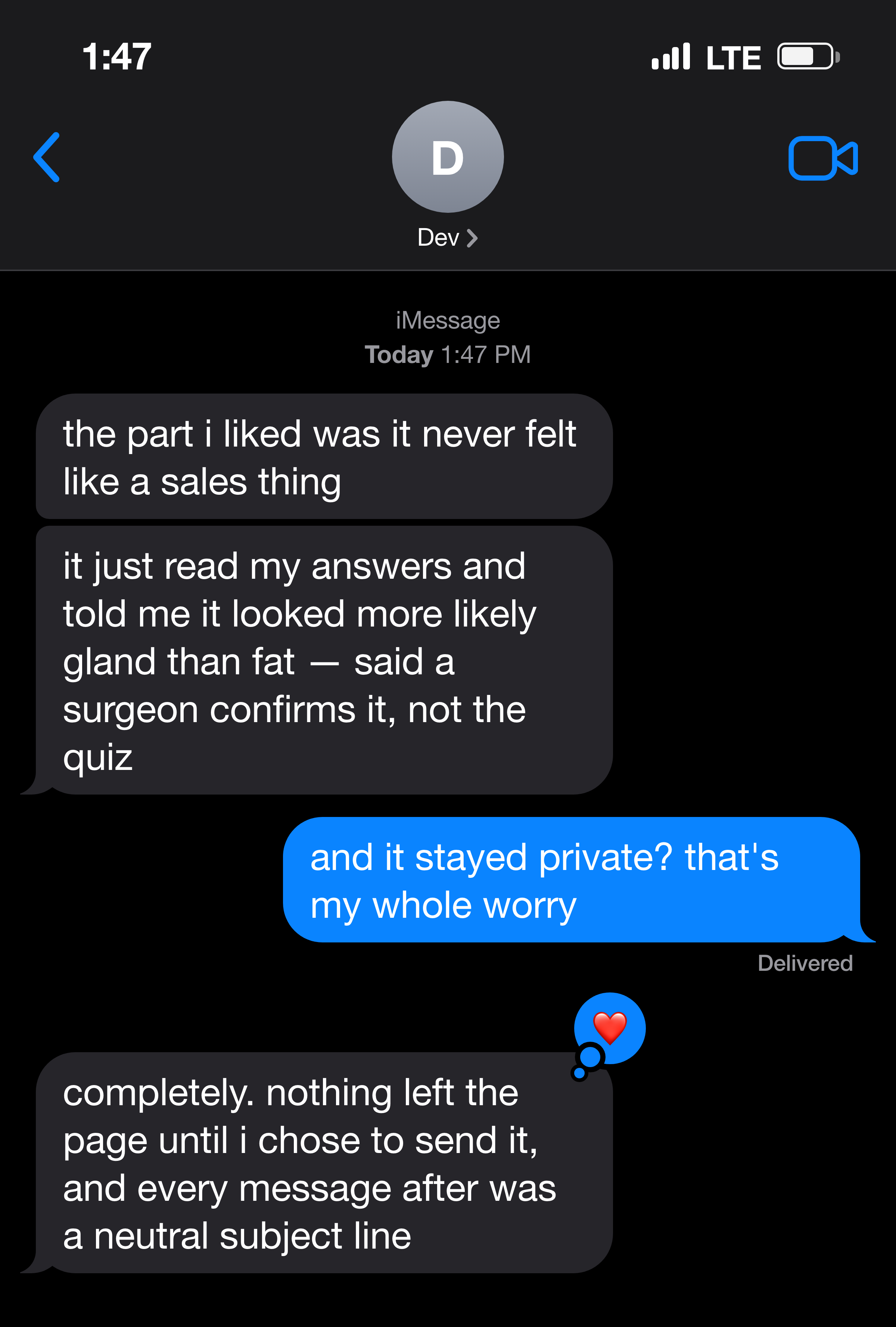 Text message about the whole thing staying completely private