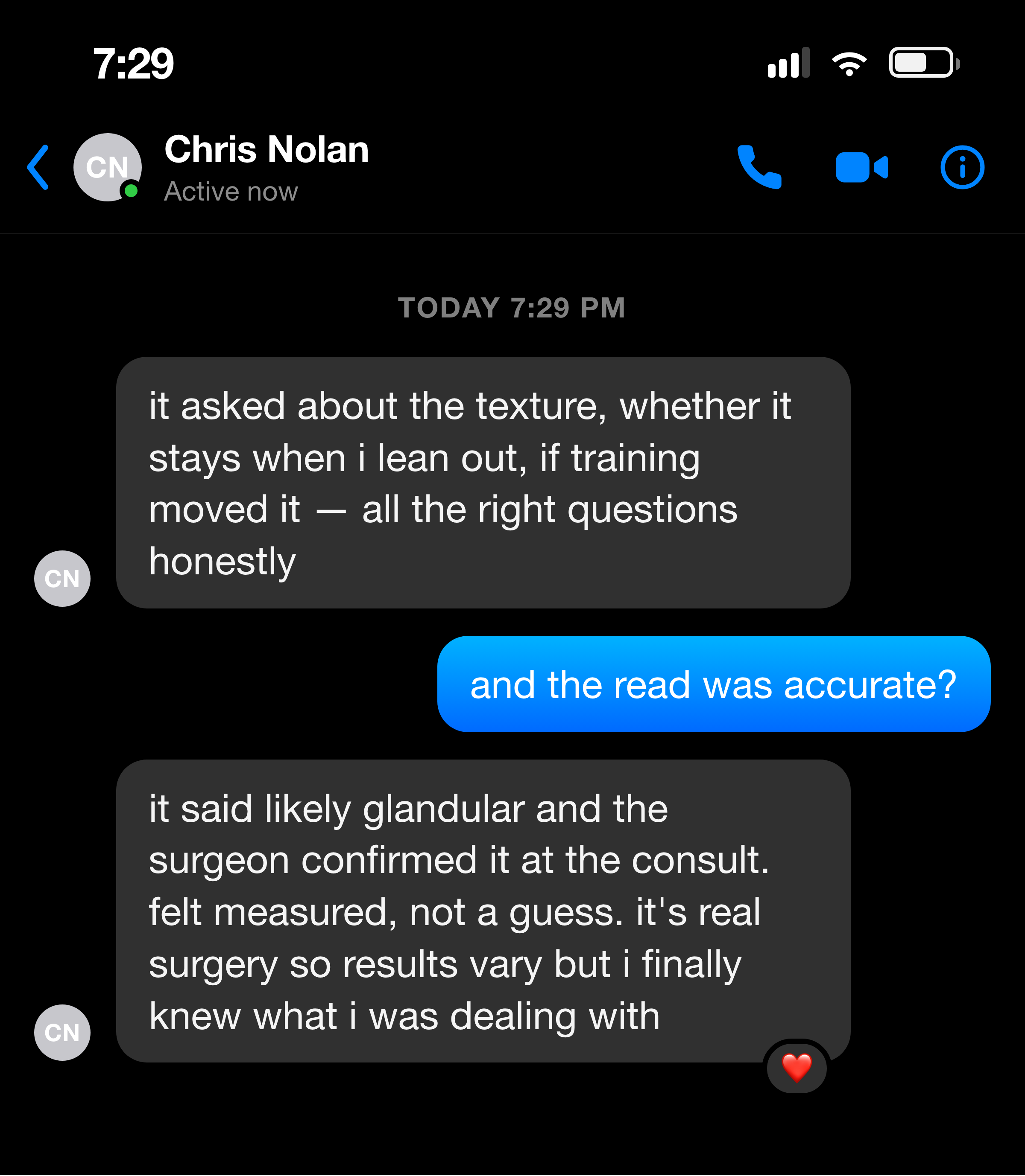 Messenger note about small hidden scars and a quick return to work