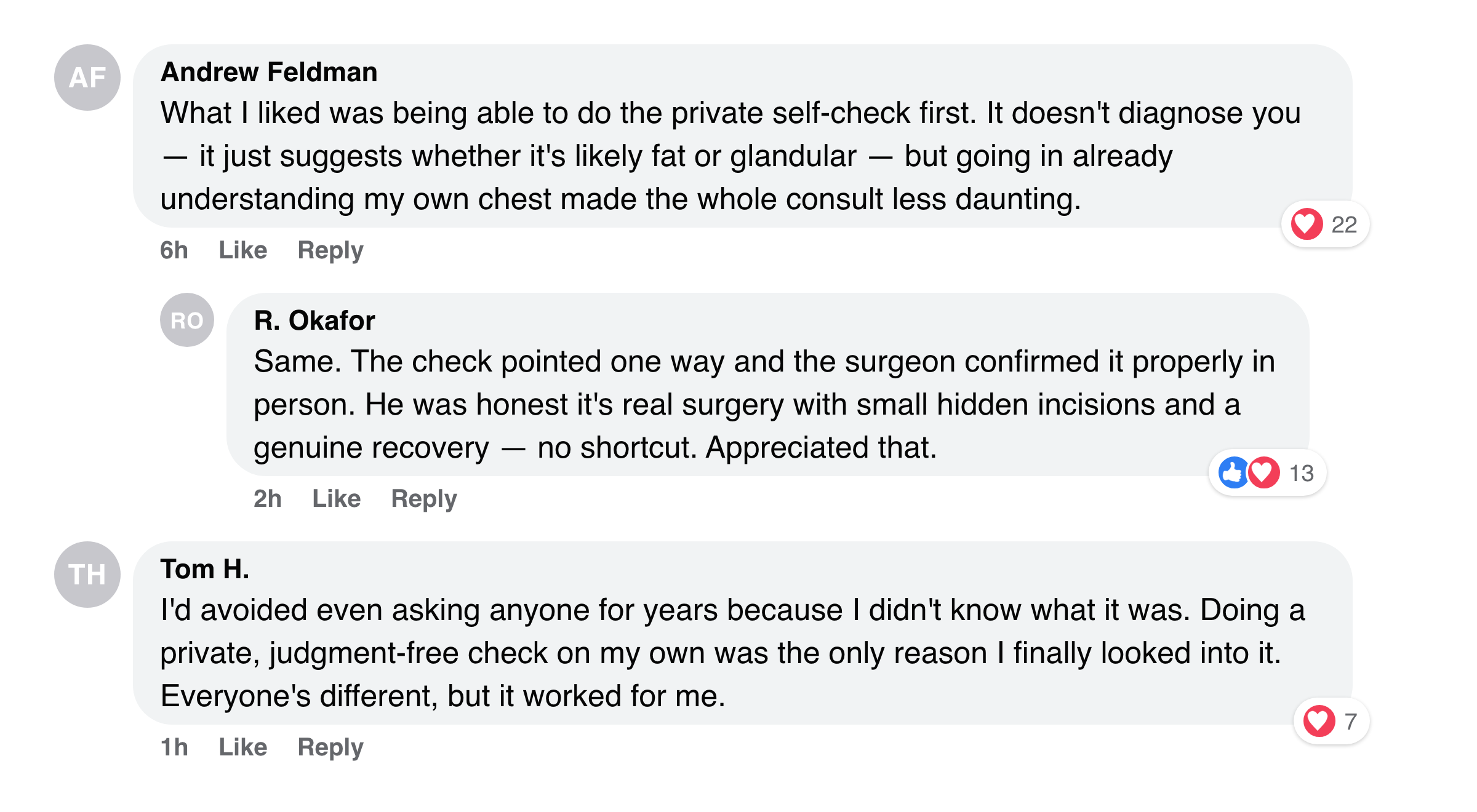 Facebook comments from men about knowing before they booked and the honesty about it being real surgery