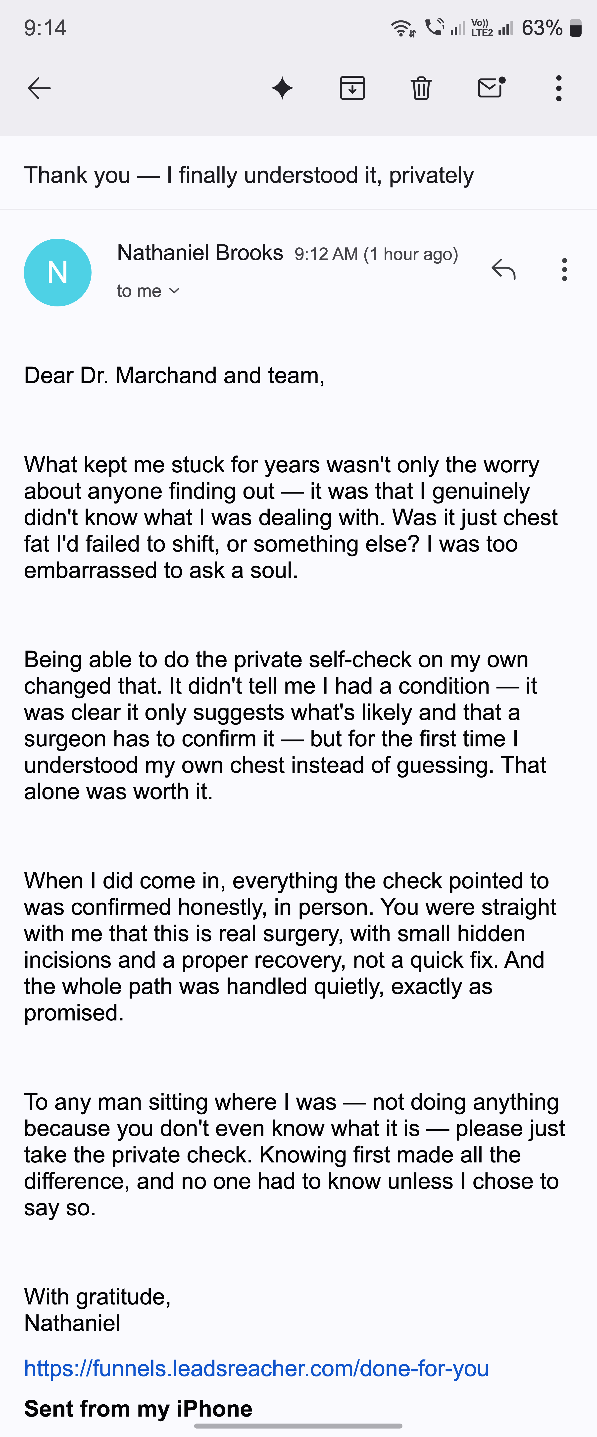 A private thank-you email from a man who finally understood his chest, privately