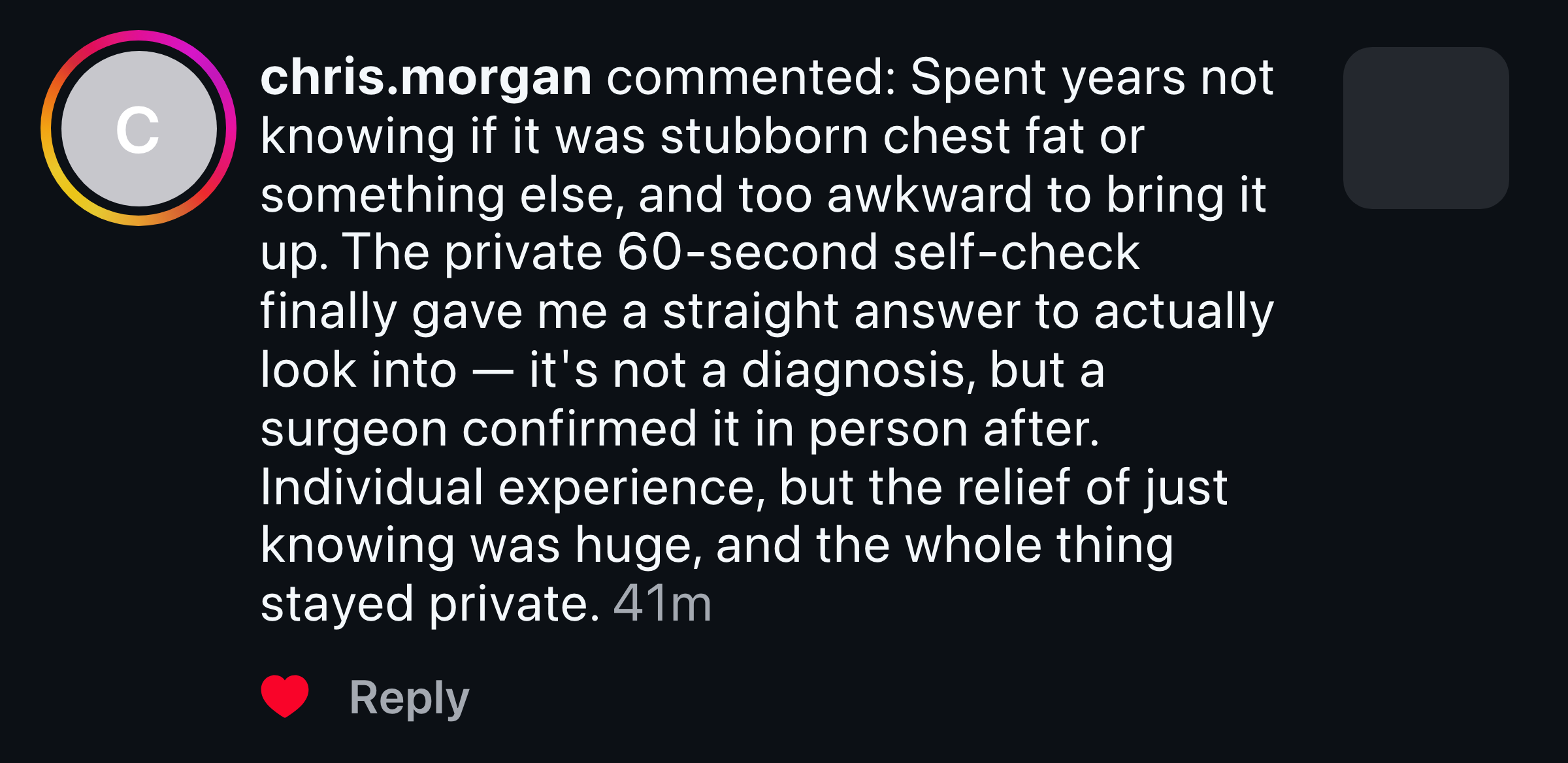 Instagram comment from a man about the relief of finally knowing after years of not knowing