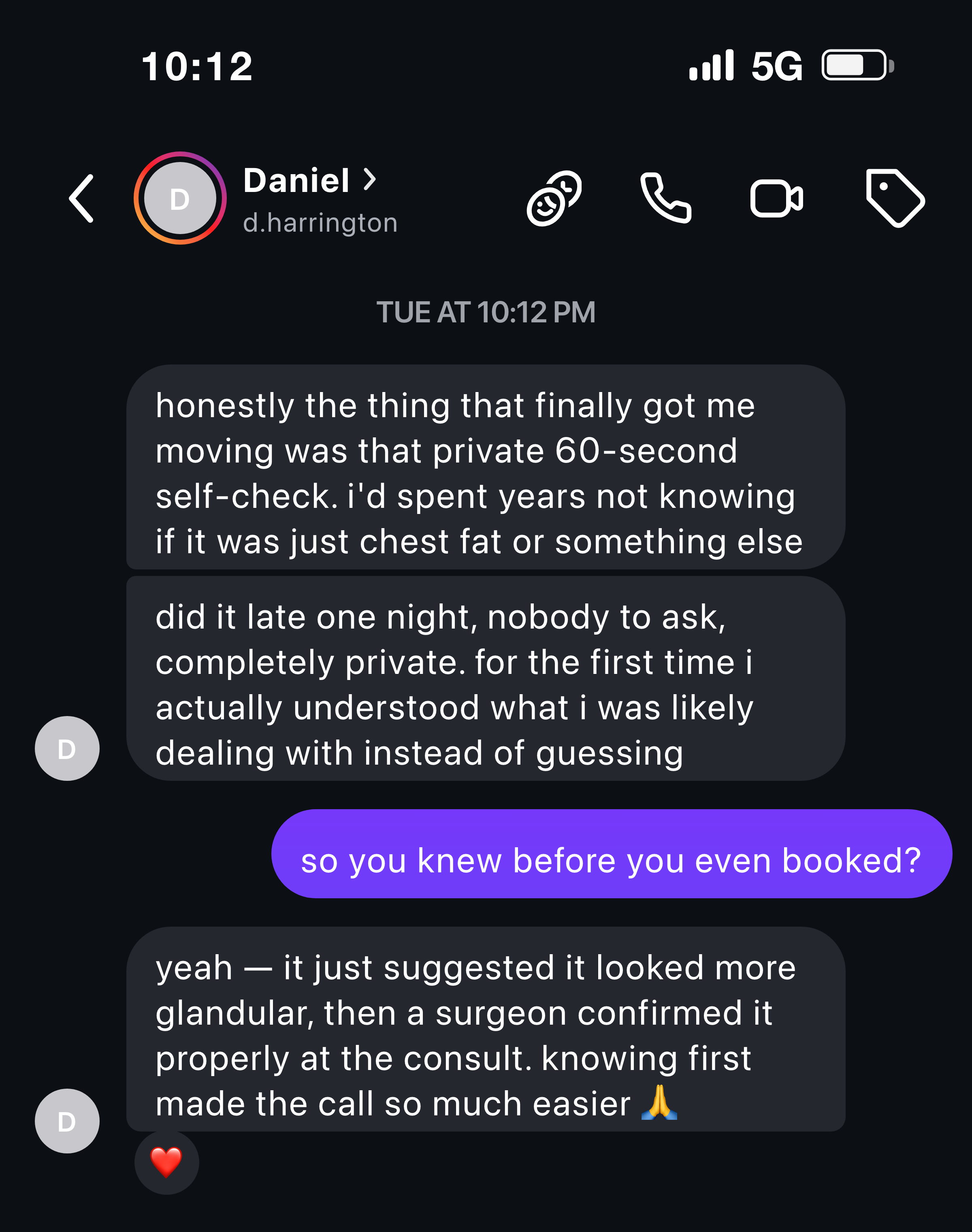 Instagram message from a man about doing the private self-check before booking and finally understanding his chest