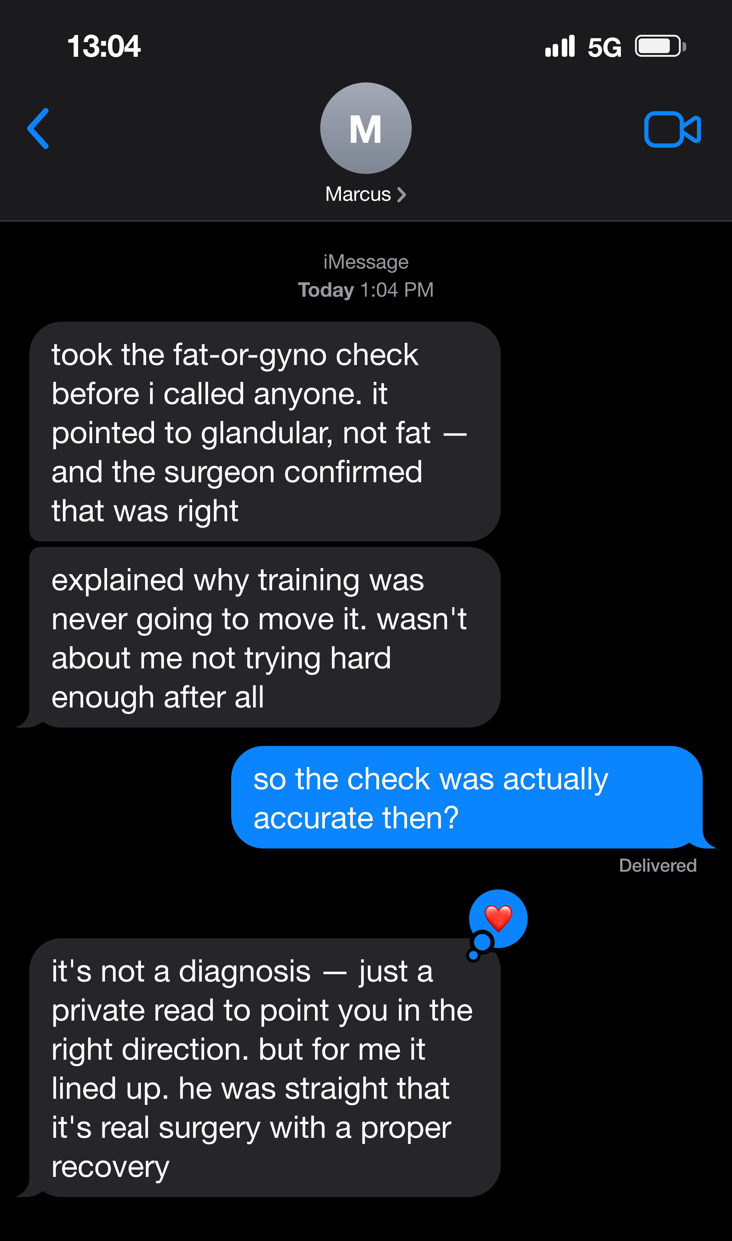 Text message from a man whose self-check suggested glandular, later confirmed by a surgeon