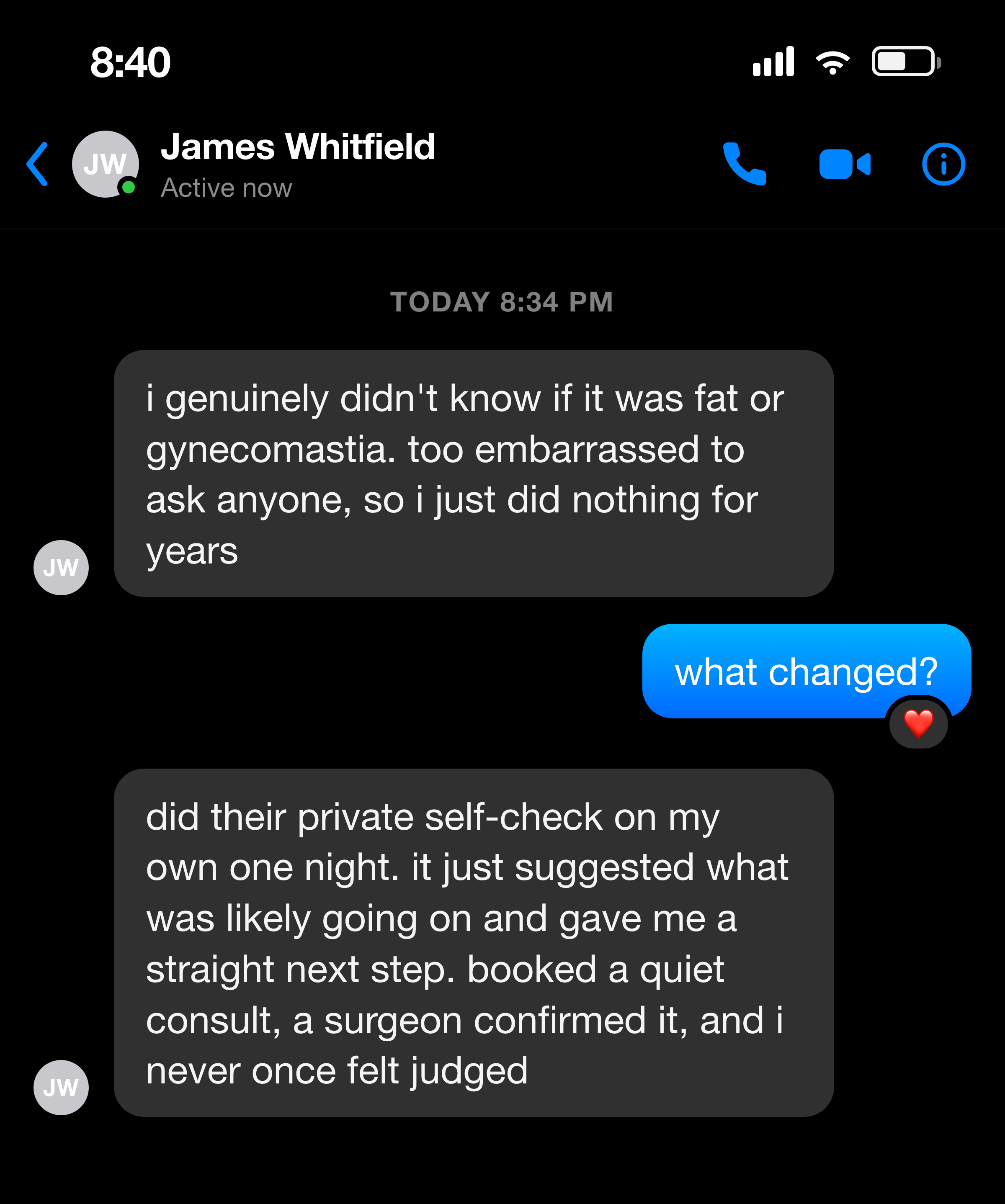 Messenger note from a man who did the private check on his own and never felt judged